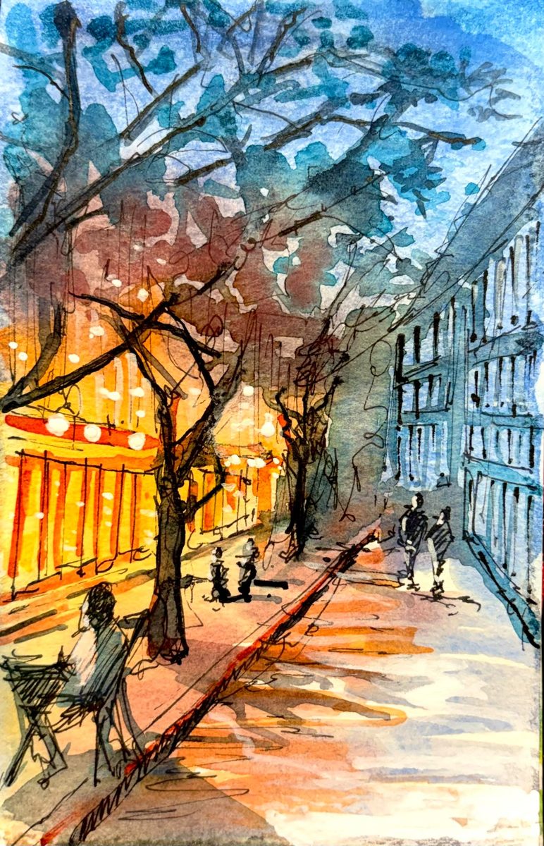 Aquarelle d'une rue arborée le soir, vitrines éclairées