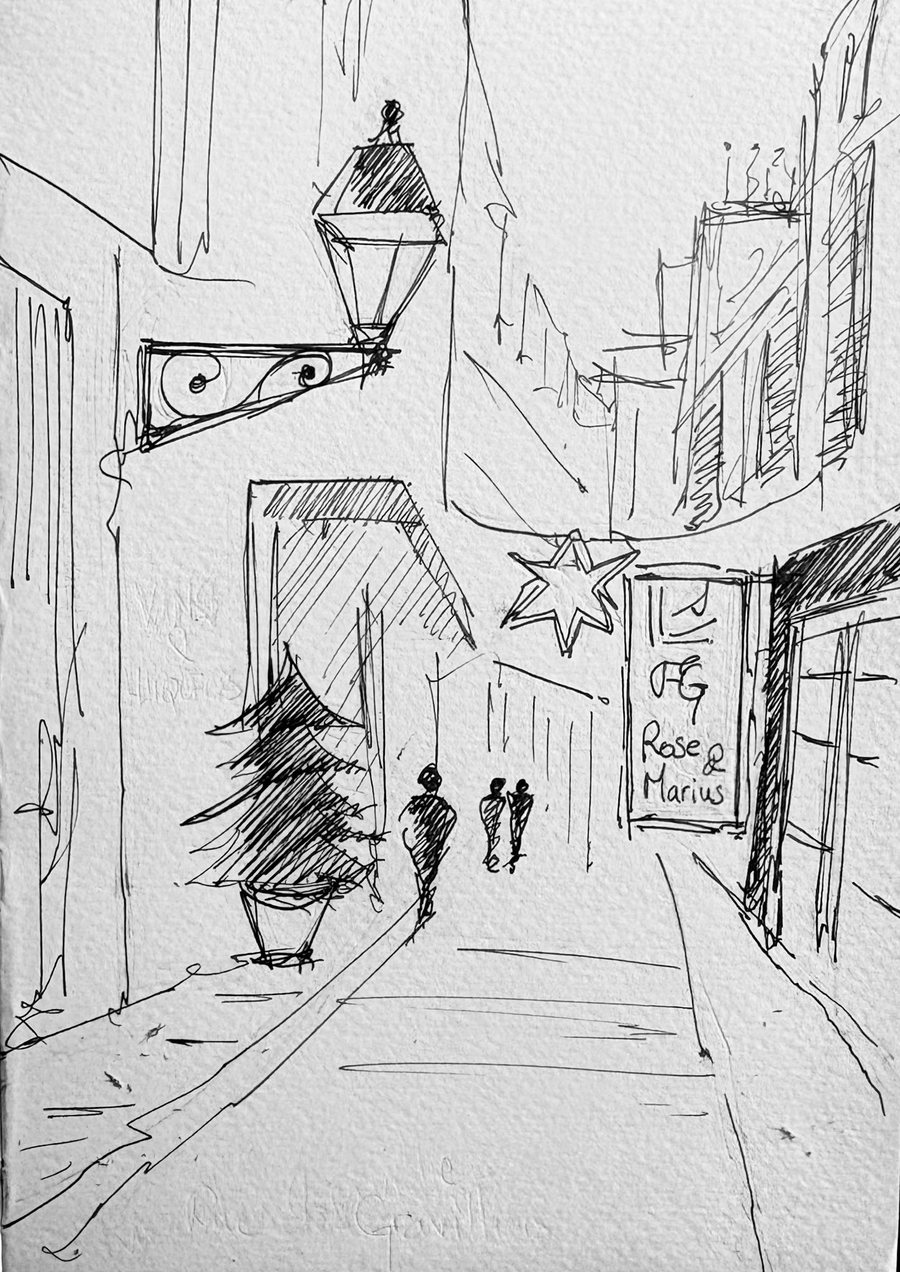 Croquis à l'encre de la rue des Gravilliers par Franck Giraud